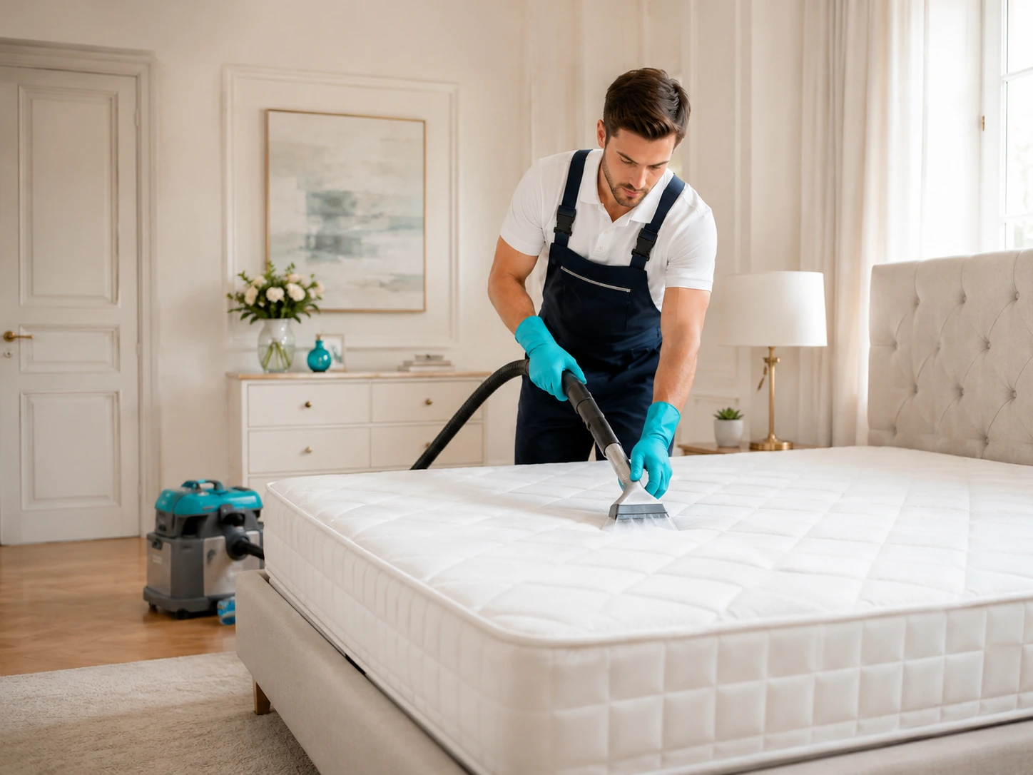Professionnel nettoyant un matelas à domicile à Versailles