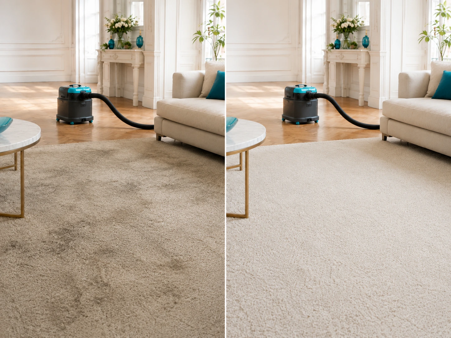 Avant et après nettoyage d’un tapis clair
